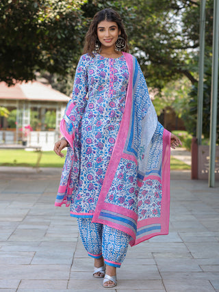 Women Blue Floral Printed Straight Kurta With Afghani Salwar and Printed Dupatta