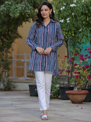 Women Indigo Striped Pure Cotton Shirt Tunic, Shirt collar