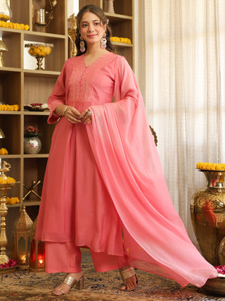 Light Pink Flared A Line Kurta Set with Pocket