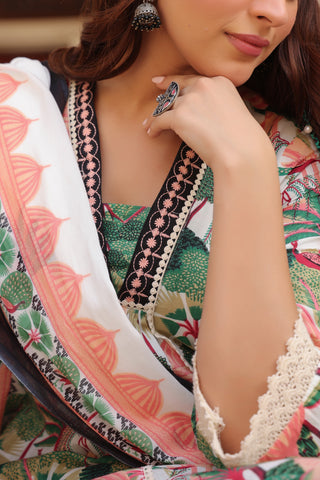 Women Floral Printed Cotton Anarkali Kurta with Trousers & Dupatta