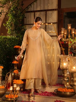 Beige Golden Sequin Tissue A-Line Kurta Set with Pocket