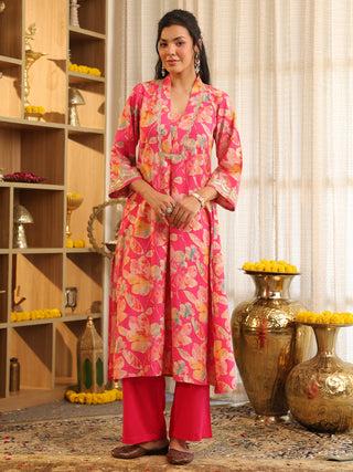 Fuchsia Pink Floral Print A-Line Kurta Set with Pocket