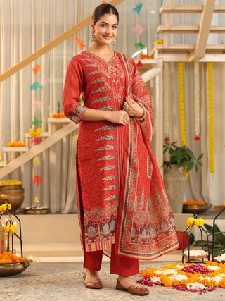 Red Panel Print Straight Kurta Set with Pant Pocket