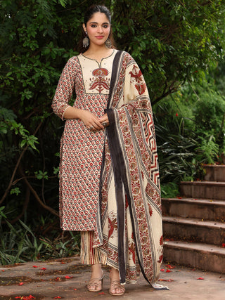 Rust Striped Embroidered 3-Piece Straight Kurta Set