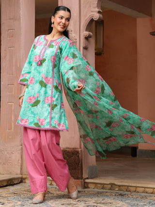 Mint Green Floral Print Straight 3-Piece Kurta Set