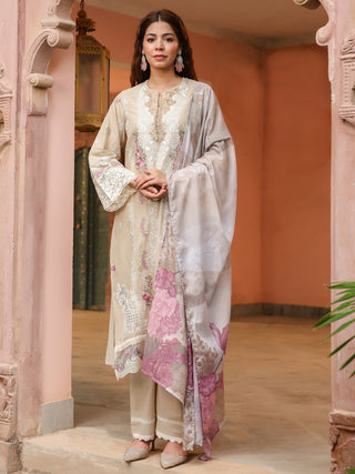 Beige Floral Embroidered 3-Piece Straight Kurta Set