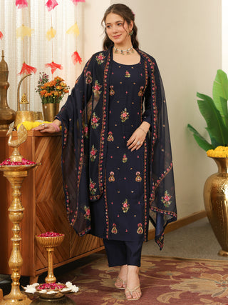 Blue Embroidered Poly Silk Straight Kurta Set