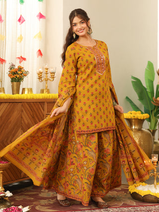 Mustard Yellow Floral Print Cotton Straight Kurta Set