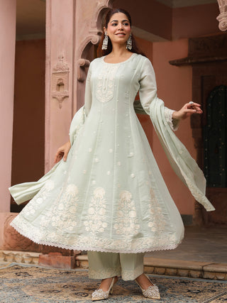 Mint Green Embroidered Lace 3-Piece Anarkali Kurta Set