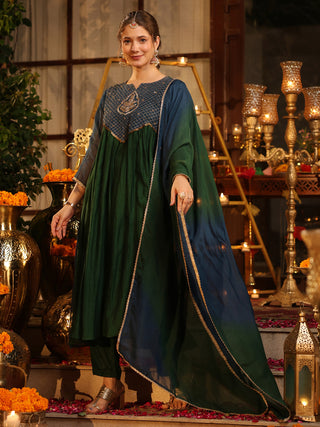 Bottle Green Embroidered Anarkali Kurta Set with Pocket