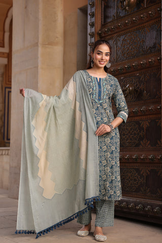 Women Floral Printed Regular Pure Cotton Kurta with Trousers & With Dupatta