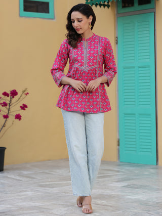 Women Fuchisia Ethnic Motifs Printed Pure Cotton A-line Kurti