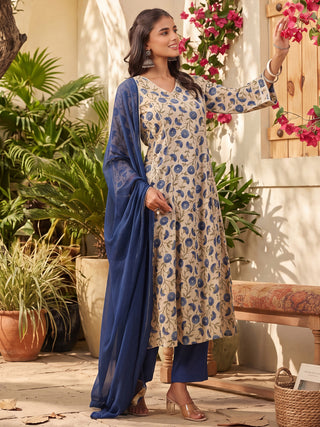 Beige Ethnic Motif Print Lace 3-Piece Kurta Set