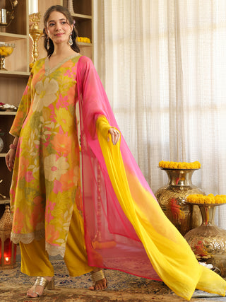Lime Yellow Floral Print Straight Kurta Set with Pocket