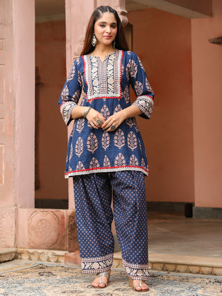 Navy Blue Mughal Print Straight 2-Piece Kurta Set