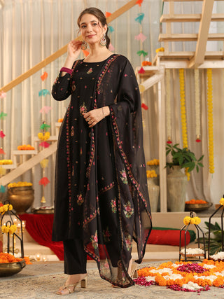 Black Embroidered Poly Silk Straight Kurta Set