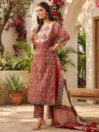 Maroon Printed Embroidered 3-Piece Kurta Set