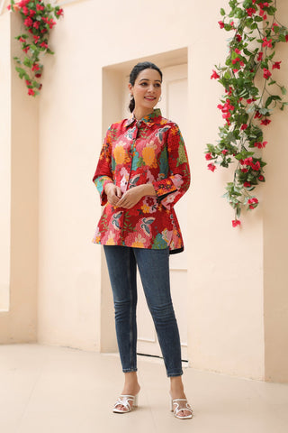 Women Floral Printed Shirt Collar Cotton Top