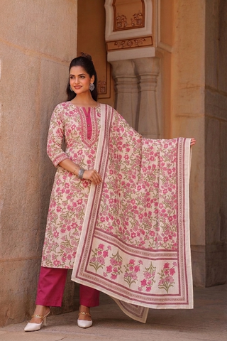 Women Ethnic Motifs Printed Regular Pure Cotton Kurta with Trousers & With Dupatta