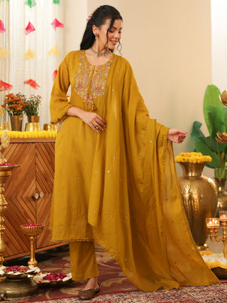Green Embroidered Cotton A-Line Kurta Set