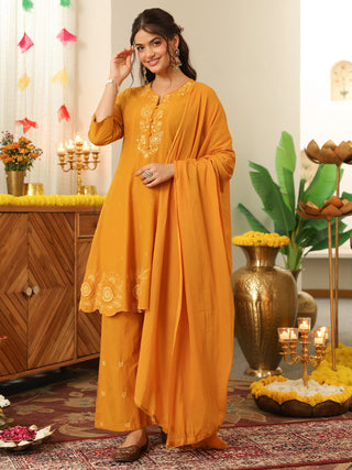 Mustard Embroidered Cotton A-Line Kurta Set
