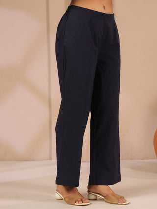 Blue Solid Cotton Trousers with Pockets