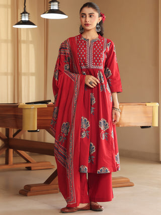 Women Ethnic Motifs Printed Regular Thread Work Pure Cotton Kurta with Trousers & With Dupatta (Copy)