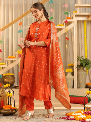 Orange Ethnic Motif Print Rayon Straight Kurta Set With Pant Pocket