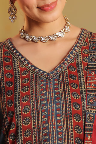 Blue Floral Print Embroidered 3-Piece Kurta Set