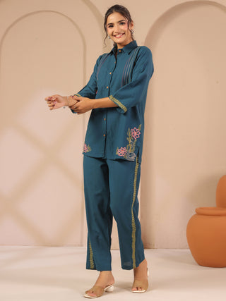 Teal blue solid embroidered cord set with shirt style tunic and matching trouser