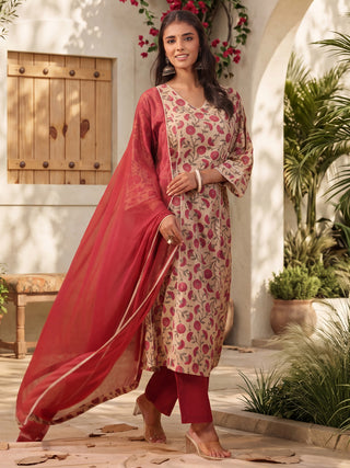 Beige Ethnic Motif Print Lace 3-Piece Kurta Set