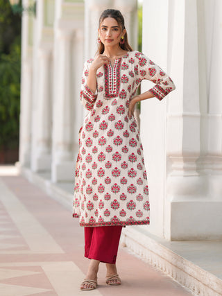 Beige Ethnic Motif Print Lace Kurta