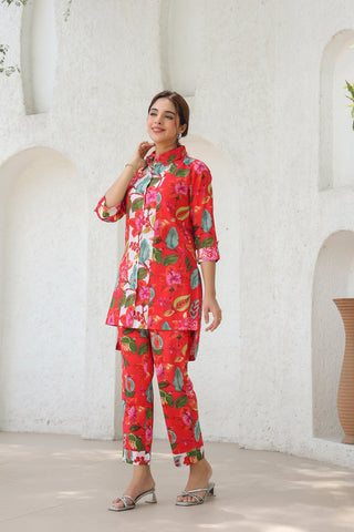 Printed Shirt Collar Pure Cotton High Low Tunic With Trousers