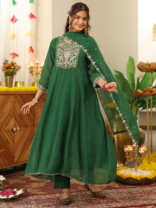 Green Embroidered Anarkali Kurta Set with Pocket