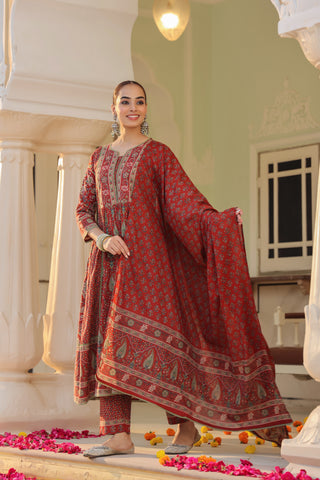 Women Ethnic Motifs Printed Pleated Pure Cotton Kurta with Trousers & With Dupatta