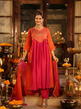 Pink Orange Embroidered Anarkali Kurta Set with Pocket