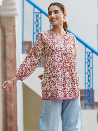 Pink Ethnic Motif Print Lace Top