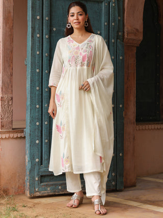 White Floral Embroidered 3-Piece Anarkali Kurta Set