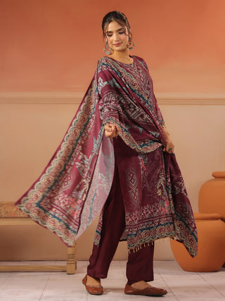 Wine panel printed silk blend kurta set with solid trousers and printed dupatta