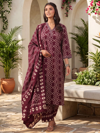 Wine Geometric Print Embroidered 3-Piece Straight Kurta Set