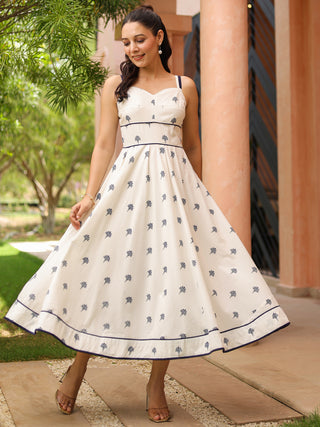White Ethnic Motif Print Fit & Flare Dress