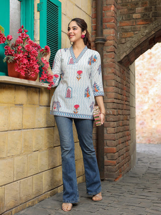 Women Blue & Off White Ethnic Motifs Printed Pure Cotton Kurti