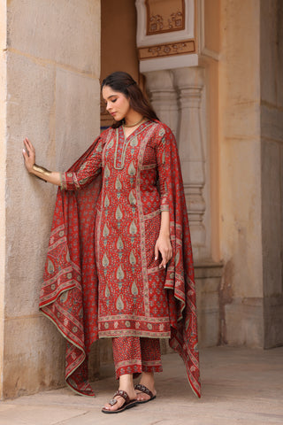 Women Ethnic Motifs Printed Pleated Pure Cotton Kurta with Trousers & With Dupatta