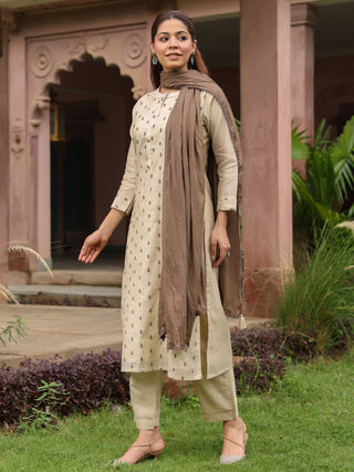 Beige Embroidered 3-Piece Straight Kurta Set