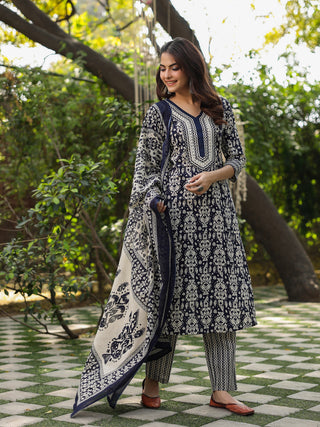 Women Navy Blue Ikat Printed Pure Cotton Straight Kurta With Printed Trouser And Printed Dupatta