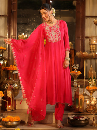 Pink Embroidered Anarkali Kurta Set with Pocket