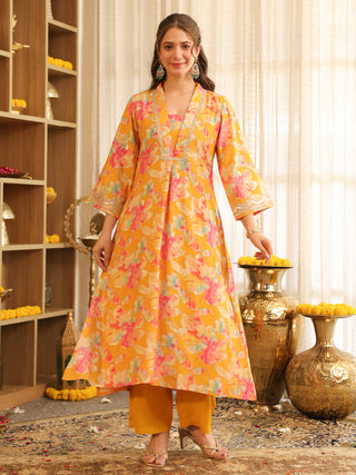 Mustard Floral Print Rayon A-Line Kurta Set with Pocket
