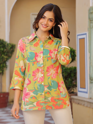 Women Abstract Printed Roll-Up Sleeves Shirt Style Cotton Regular Top