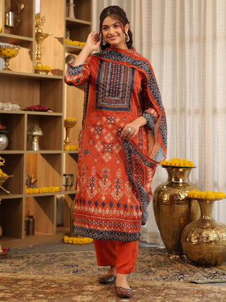 Rust Ikat Print Chanderi Straight Kurta Set