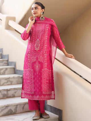Pink Ethnic Motif Print 3-Piece Straight Kurta Set